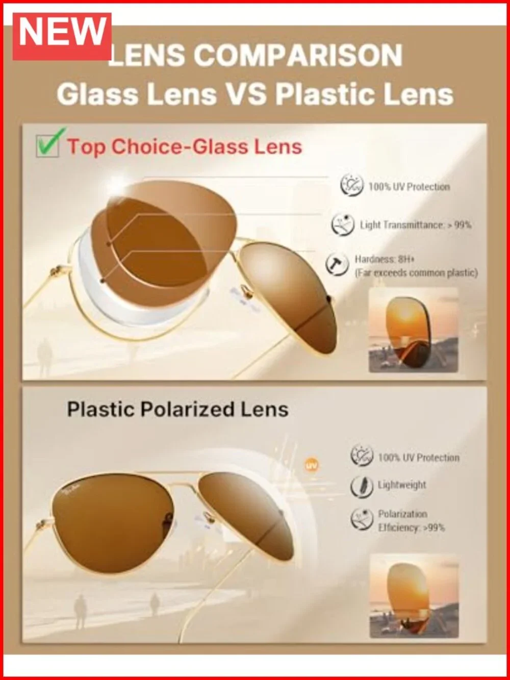 Classic Aviator Sunglasses with Glass Lenses, Metal Frame, UV400